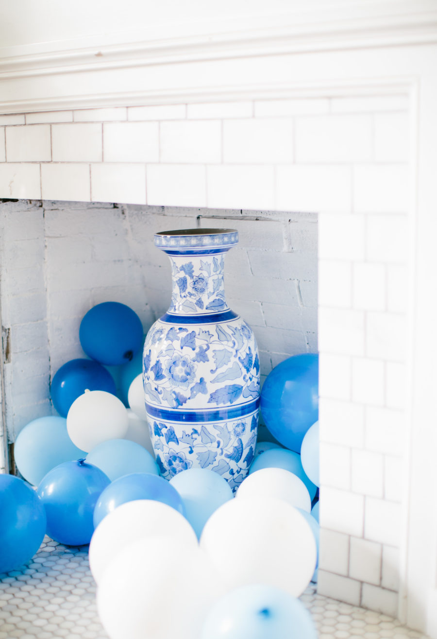 balloons in a fireplace for baby boy shower
