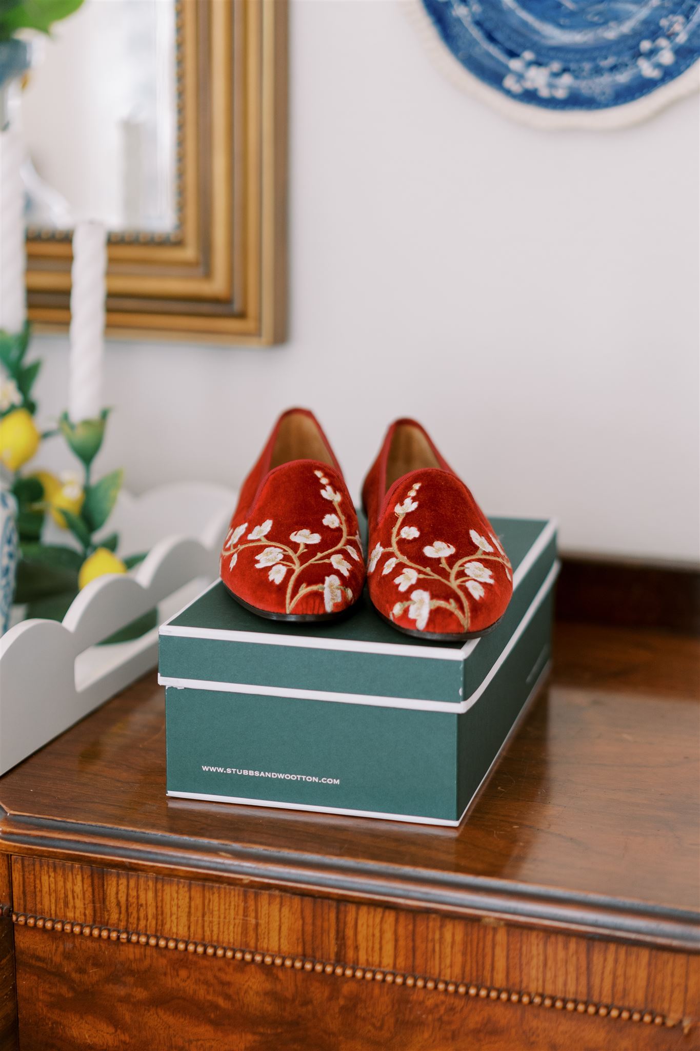 Stubbs and Wootton discount code, floral design shoes, velvet flats, velvet loafers