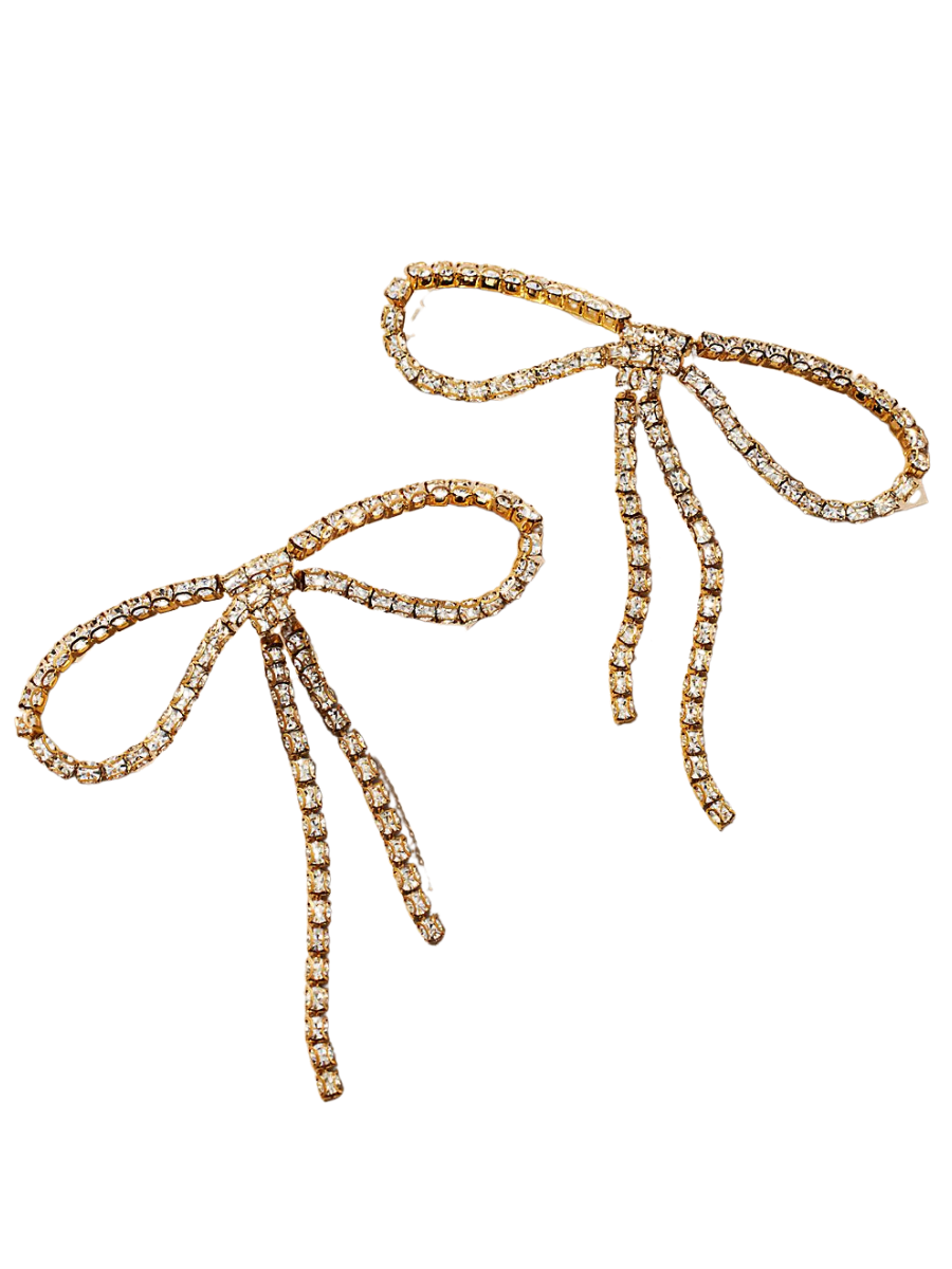 gold crystal bow earrings, gold diamond bow earrings, New Year's Eve earrings