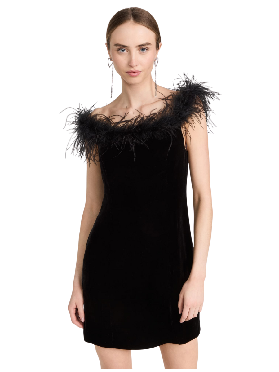little black dress for New Year's Eve, black party dress, black mini dress with feather trim, feather mini dress, New Year's Eve outfit idea