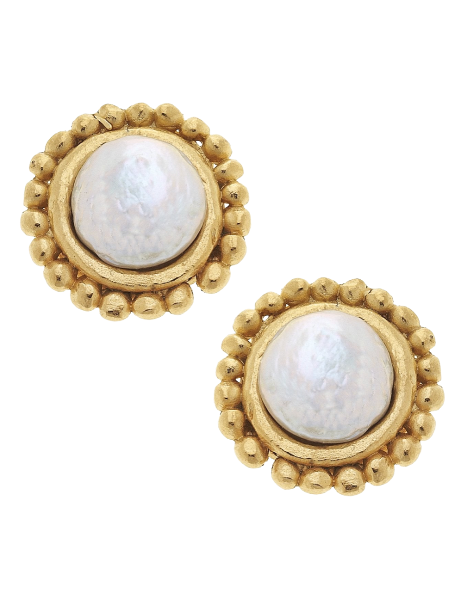 gold and pearl stud earrings, Susan Shaw stud earrings, NYE earrings