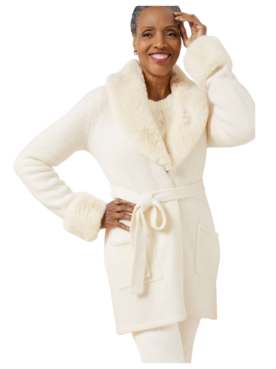 white faux fur sweater, ivory faux fur cardigan, New Year's Eve party sweater