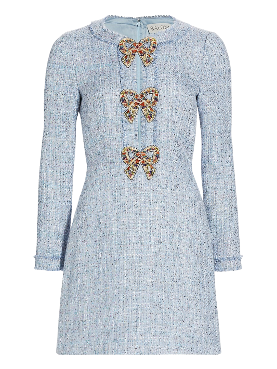 light blue tweed dress, tweed mini dress, mini dress with bows on the front, New Year's Eve mini dress, New Year Eve outfit inspiration