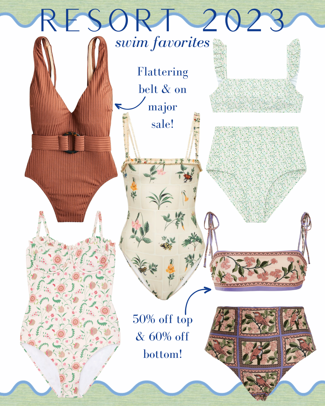 resort 2023 swimsuits, best resort swimsuits, belted one piece swimsuit, high waisted bikini, floral one piece swimsuit, floral high waisted bikini, 2023 swimsuits