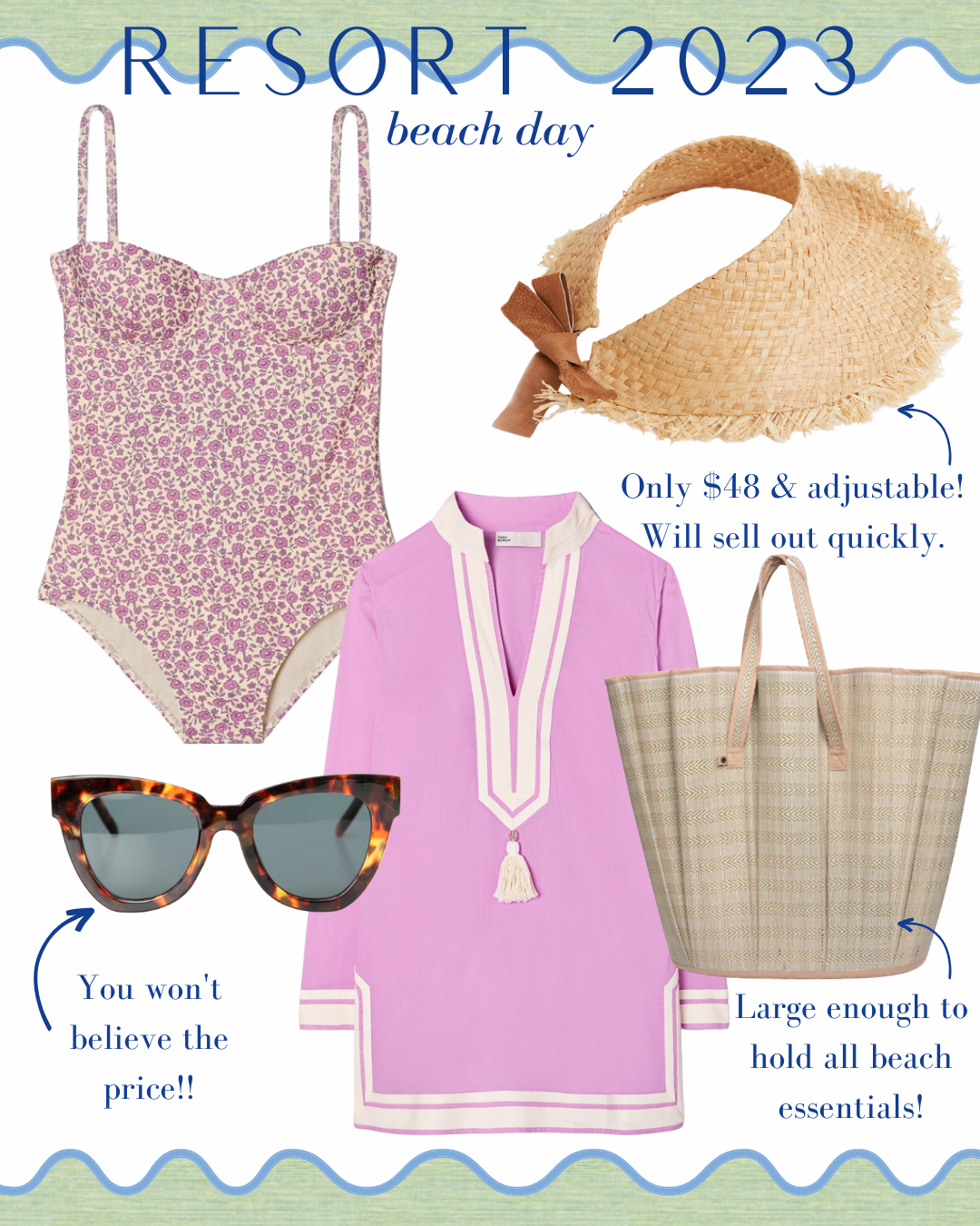 beach day outfit ideas, beach vacation outfit ideas, pink floral one piece swimsuit, raffia woven visor, affordable beach visor, pink tunic cover up, pink swimsuit coverup, woven beach bag, neutral large beach tote, affordable tortoise sunglasses