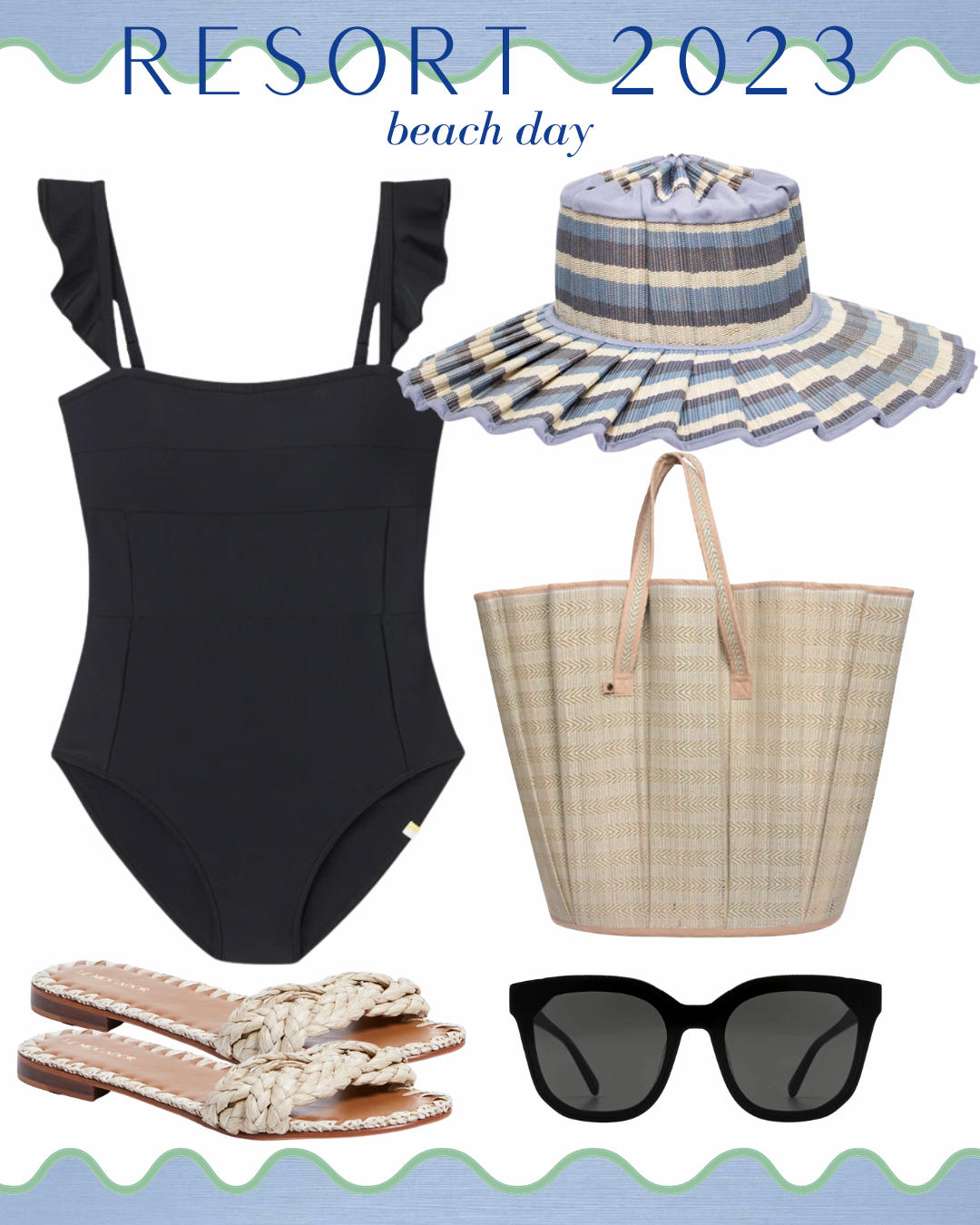 pool outfits 2023, pool vacation outfit ideas, pool outfit ideas 2023, what to pack for a beach vacation, resort outfit ideas 2023, black one piece swimsuit, flattering black swimsuit, blue striped sun hat, blue lampshade hat, neutral woven tote bag, large neutral beach bag, neutral woven slide sandals, large black sunglasses for women 