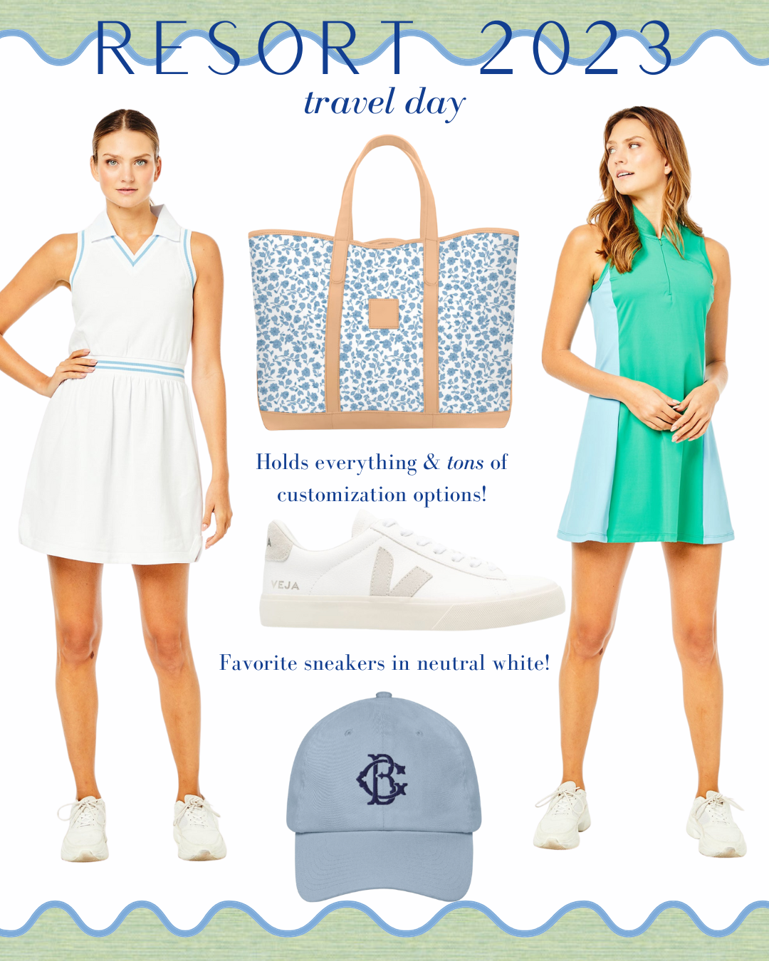 travel day outfit 2023, travel day outfit ideas, road trip outfits, cute travel outfits, cute plane outfits, resort activewear, resort activewear 2023, white polo tennis dress, monogrammed baseball cap, green activewear dress, blue floral tote bag, white veja sneakers