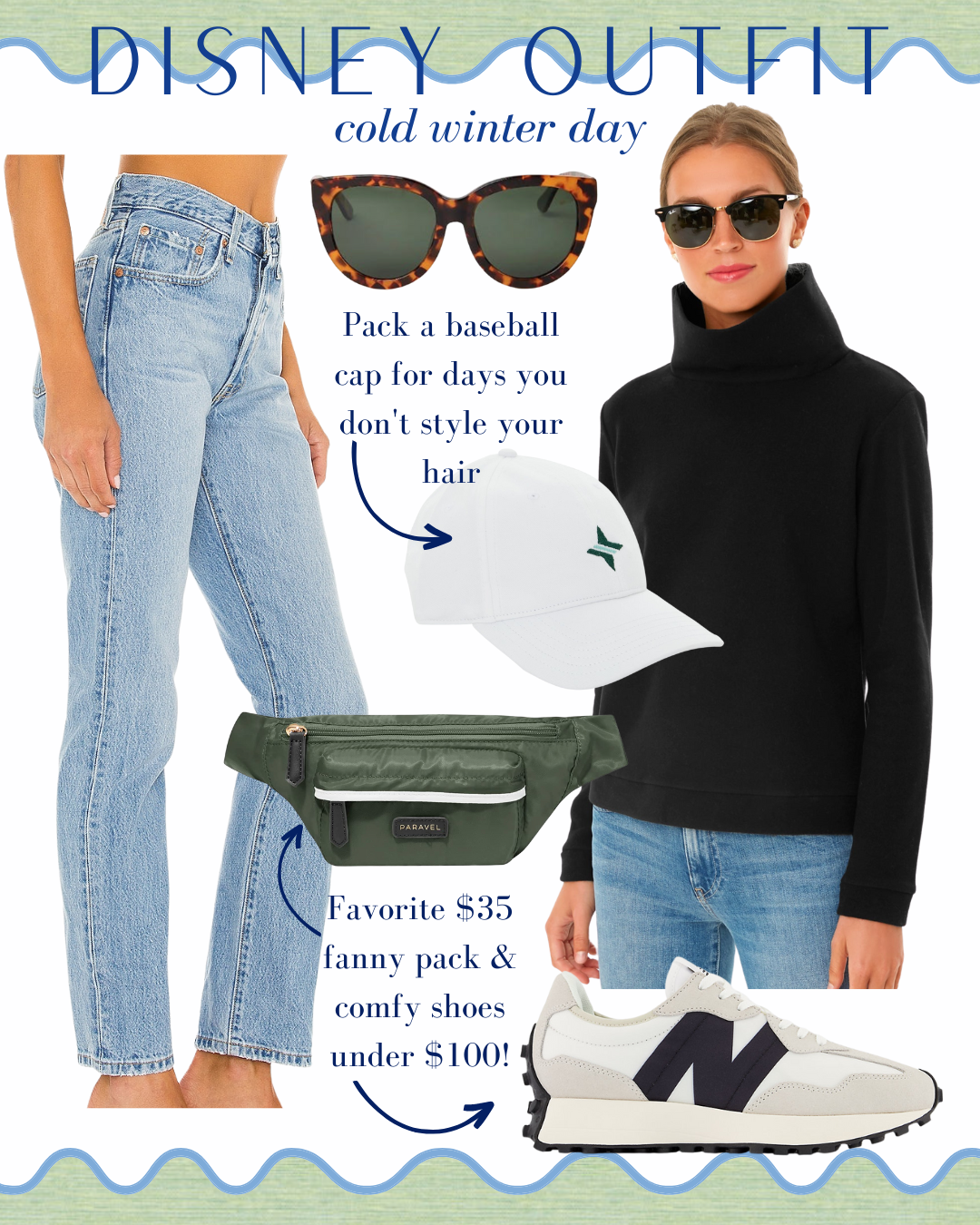 what to wear to Disney, women's black turtleneck outfit, classic women's winter outfits, Dudley Stephen's black fleece turtleneck, mom style, Disney World winter outfit, Disney World outfit for mom, green Paravel fanny pack, women's white baseball cap, white and black New Balance sneakers