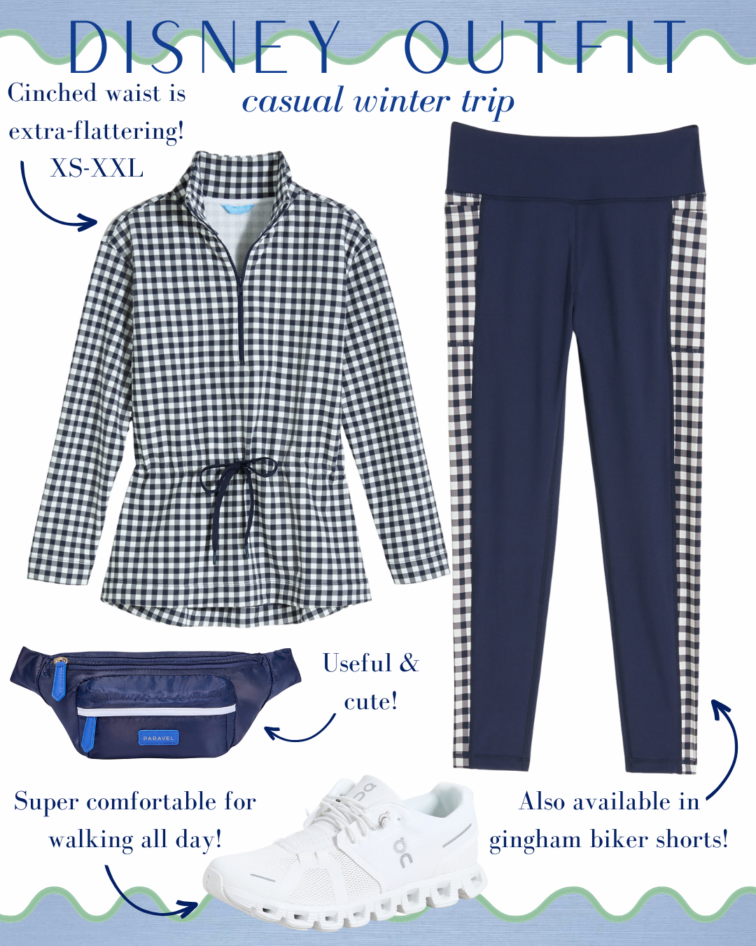 what to wear to Disney World, navy gingham activewear, navy gingham women's pullover jacket, navy gingham leggings, Draper James activewear, navy Paravel fanny pack, women's white OnCloud sneakers, casual women's outfit for Disney World