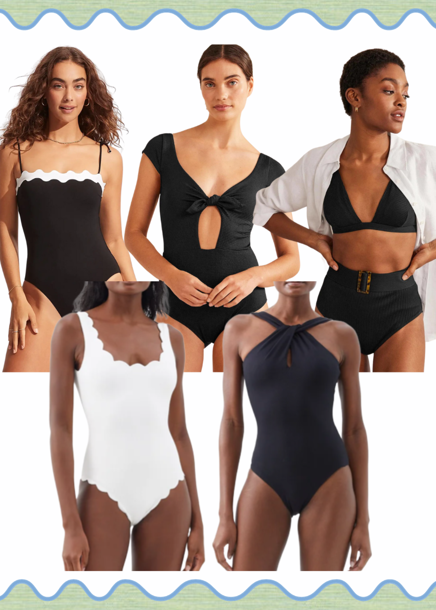 black swimsuits for moms, black and white swimsuits, black one-piece swimsuit, white one-piece swimsuit, flattering swimsuits for moms
