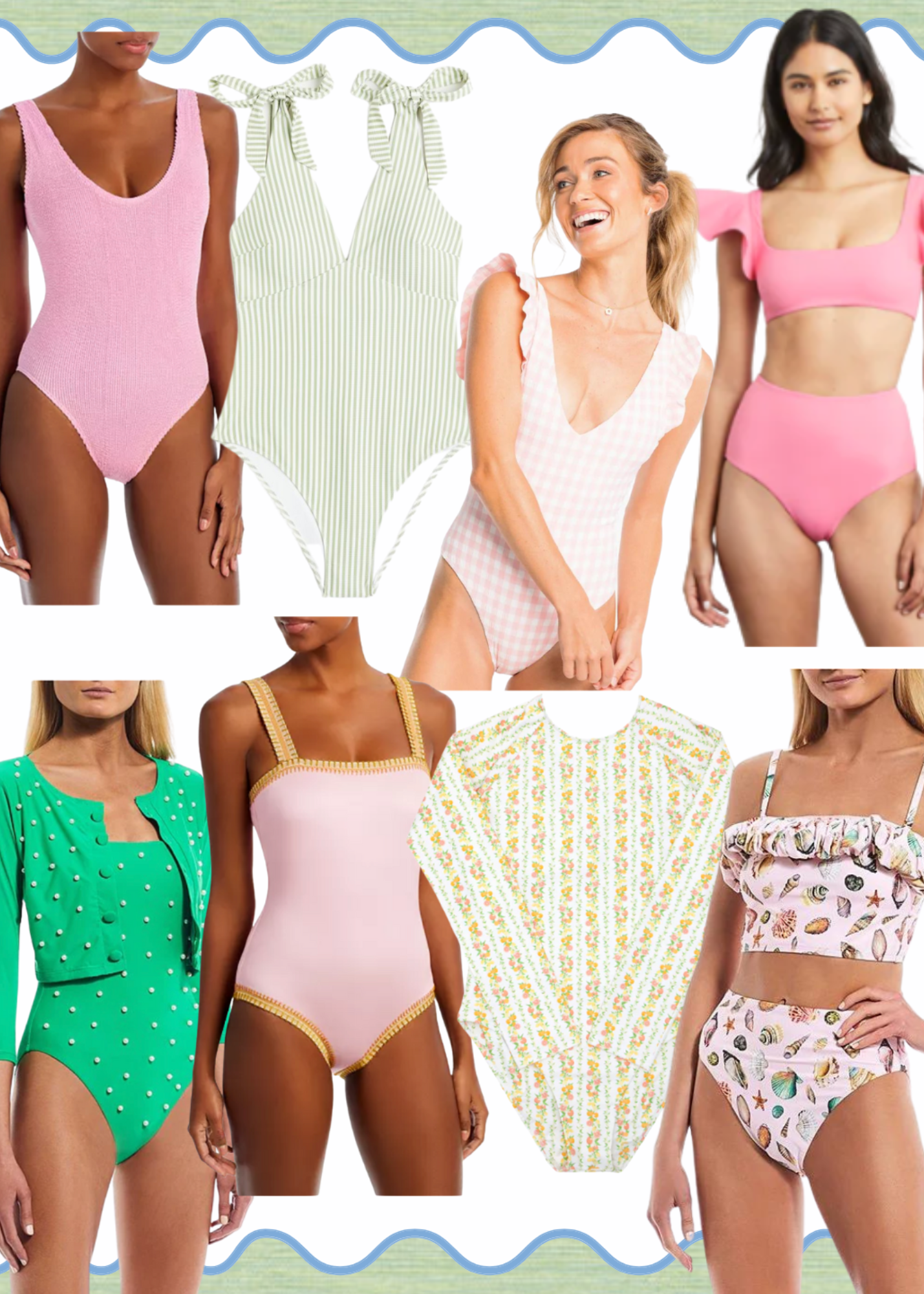pink one-piece swimsuits, green women's swimsuits, pink bikini, gingham swimsuits, swim cardigan, pearl embellished swimsuit, Minnow swim for women, tankini, mom swimsuits 2023