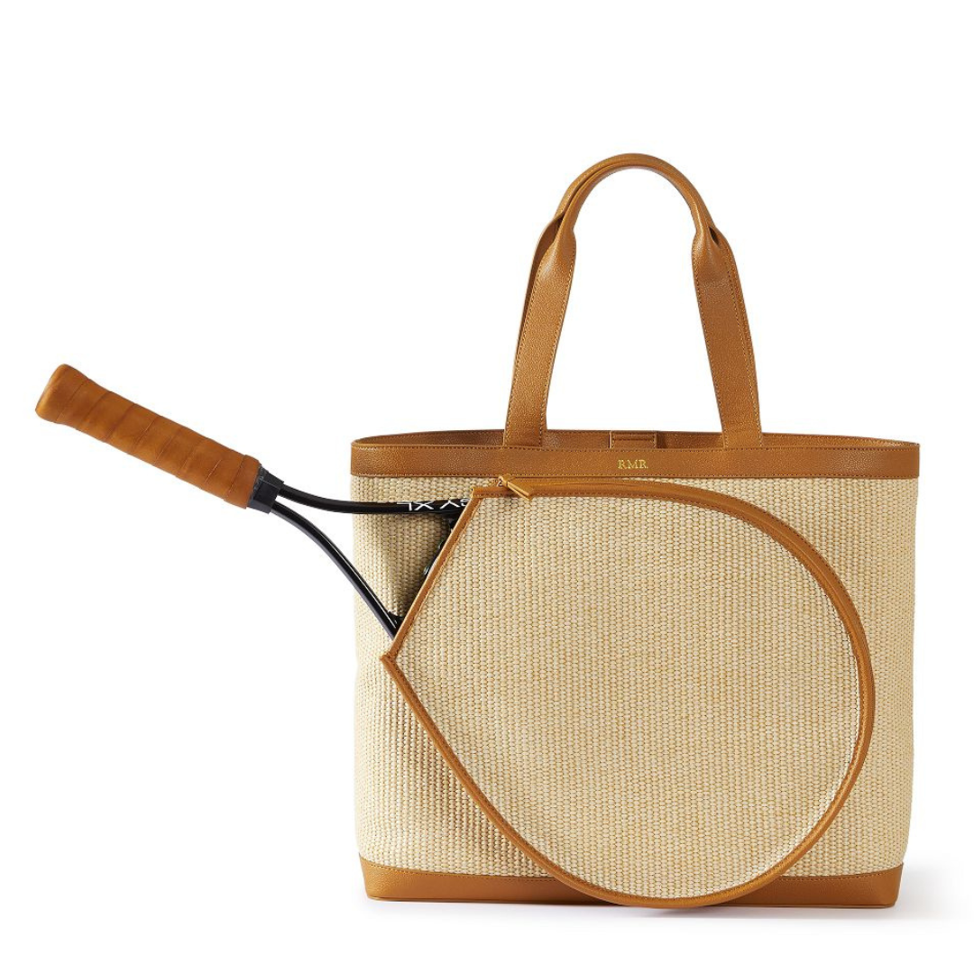 raffia tennis tote, classic tennis tote bag, preppy tennis tote bag, neutral tennis tote bag, best tennis gifts for her