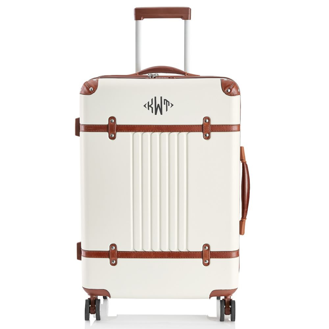 Mark & Graham suitcase, Mark & Graham travel essentials, white suitcase, monogrammed suitcase, classic luggage, best luggage