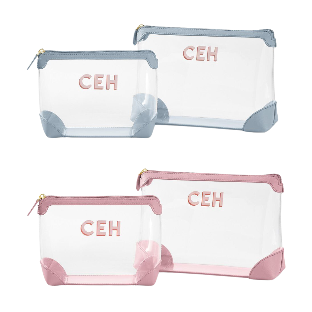 Airport travel essentials, clear travel pouches, clear storage bags, clear monogrammed bags, clear personalized bags, airport security bags