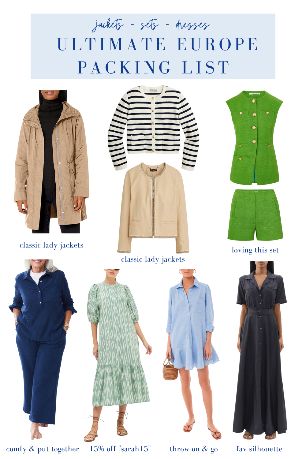 what to pack for a week in Europe, packing list for mom, timeless summer fashion, Veronica Beard matching set, Staud shirtdress, classic summer dress