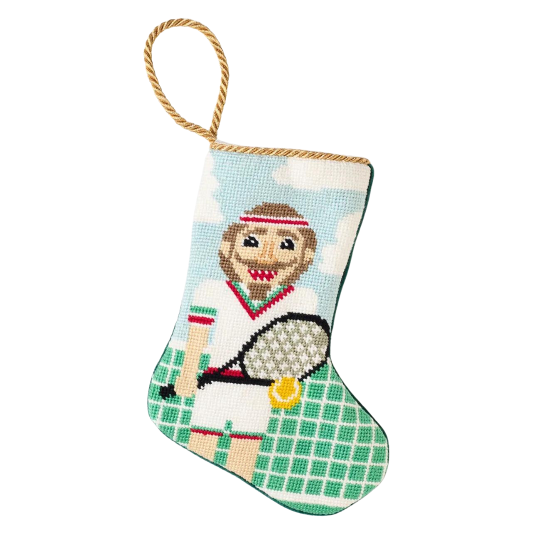 tennis stocking, tennis themed Christmas stocking, tennis gifts, tennis gift ideas for Christmas, tennis needlepoint