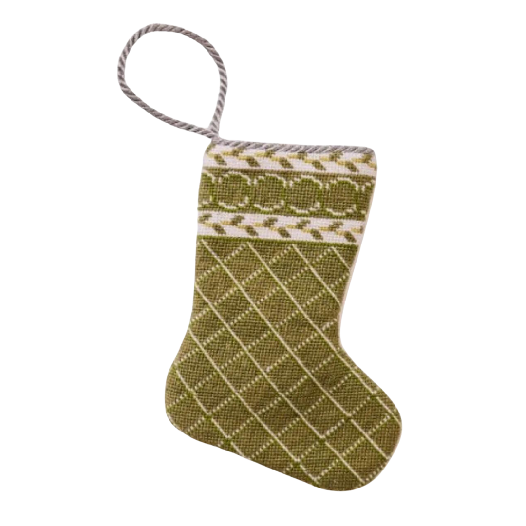 green Christmas stocking, green needlepoint Christmas stocking, bauble stocking ideas, stocking stuffers for family