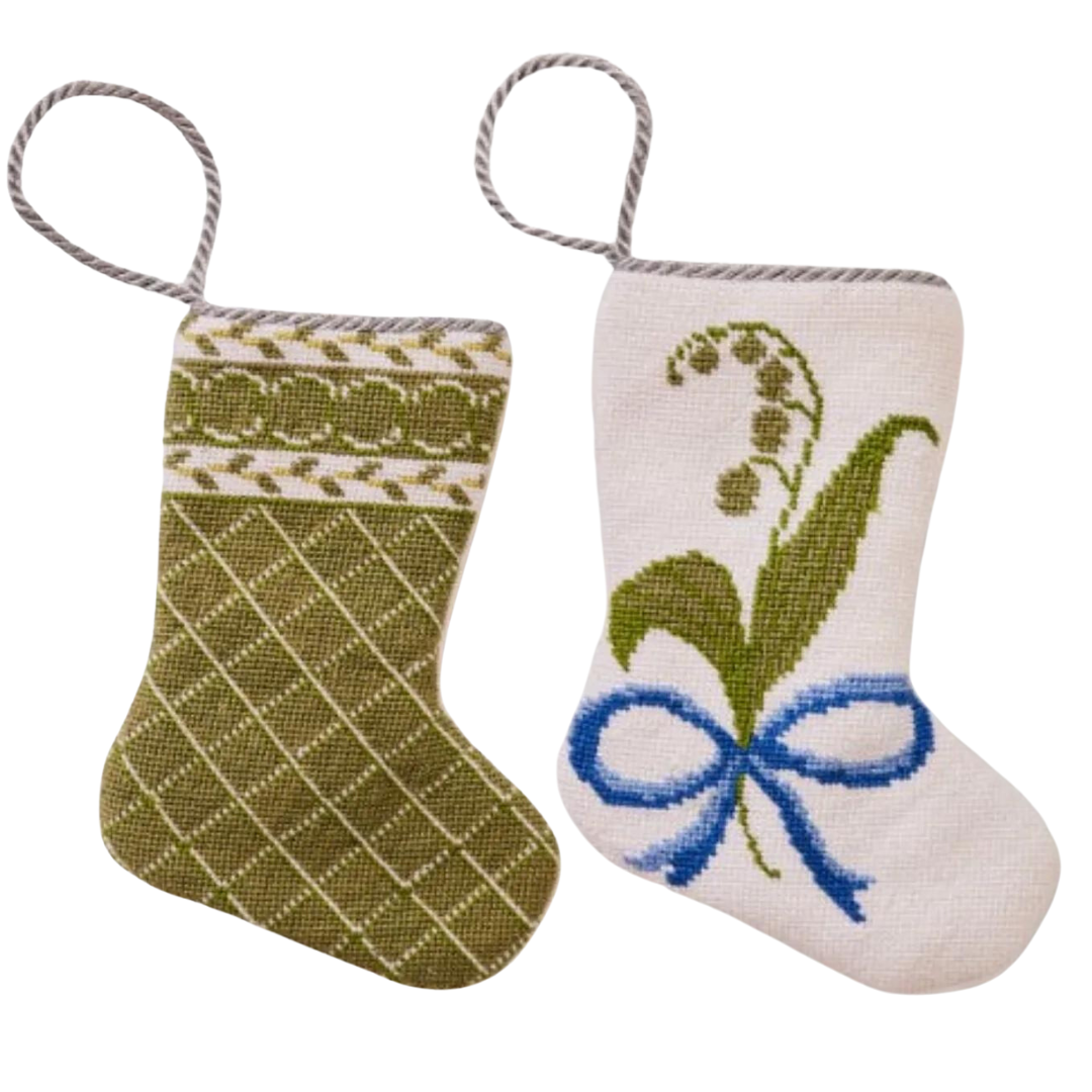 blue and green Christmas stocking, needlepoint Christmas stockings, mini Christmas stockings