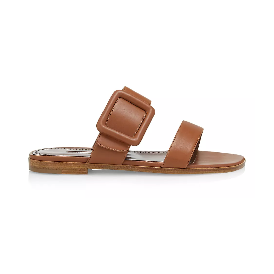 brown slide sandals with a buckle, shoes for a casual resort wear outfit