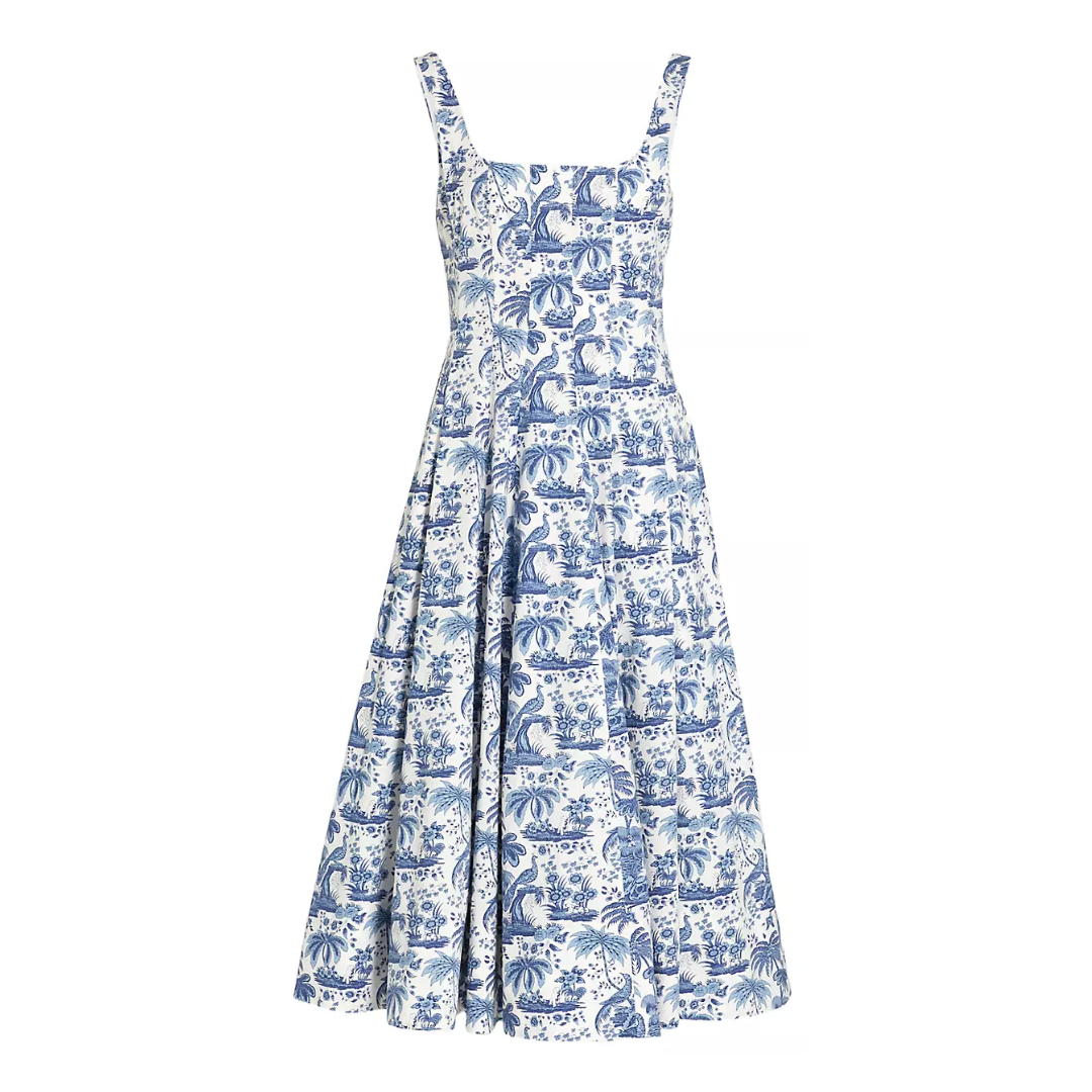 Staud Wells dress in blue and white, blue and white toile dress, resort wear 2024