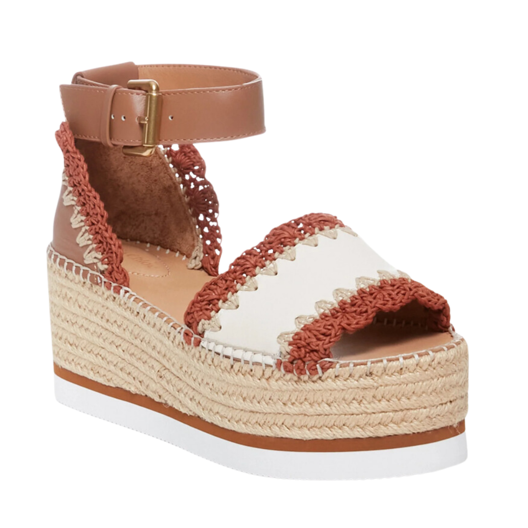 brown and white espadrille wedges