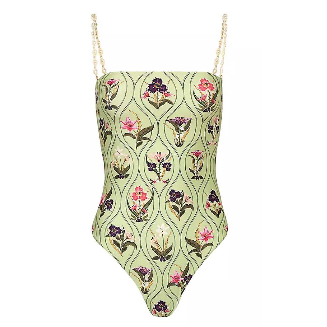 Agua by Agua Bendita green one piece swimsuit, floral blockprint swimsuit