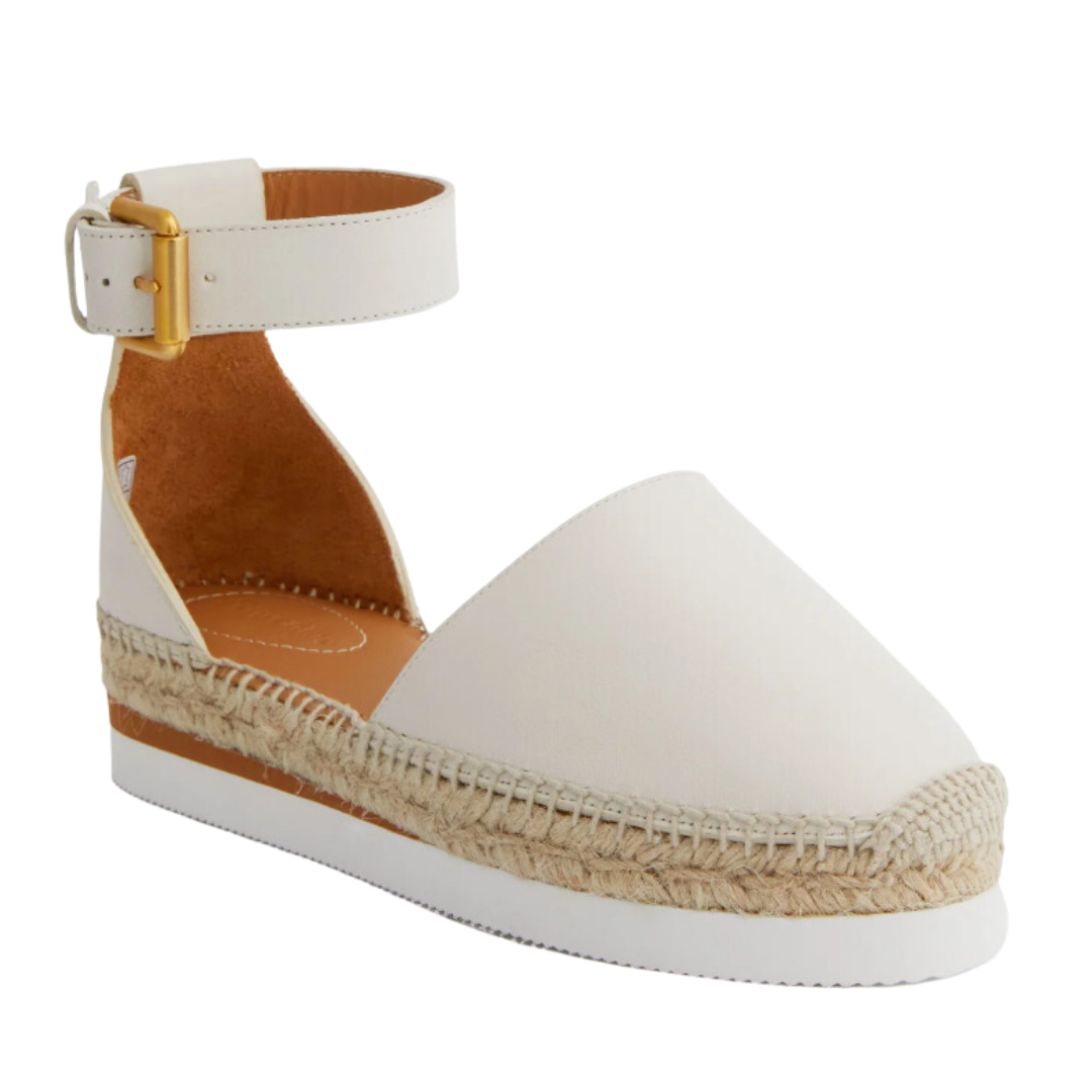 white espadrille sandals with small wedge
