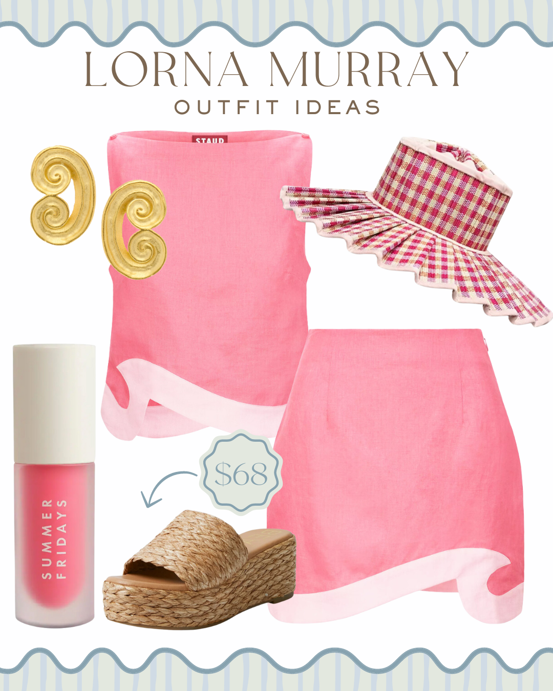 Lorna Murray outfit ideas, Staud pink matching set, Staud pink skirt set, pink matching skirt set, pink mini skirt set, pink Lorna Murray hat, pink gingham sun hat