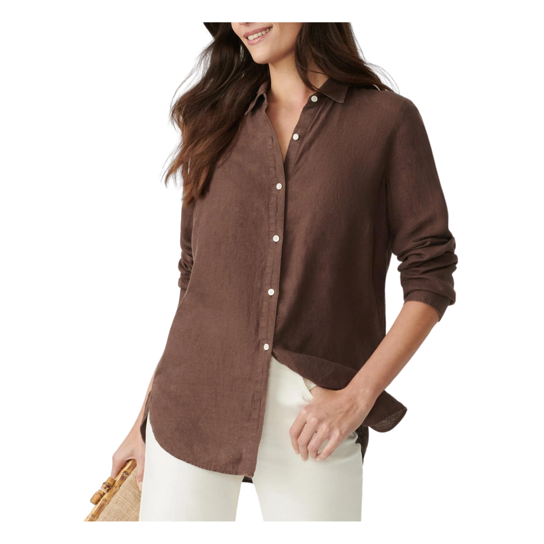 classic button-down top, women's brown button-down, classic linen button down