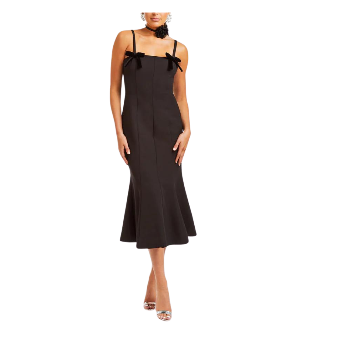 classic black midi dress, classic fashion pieces, fit and flare black midi dress