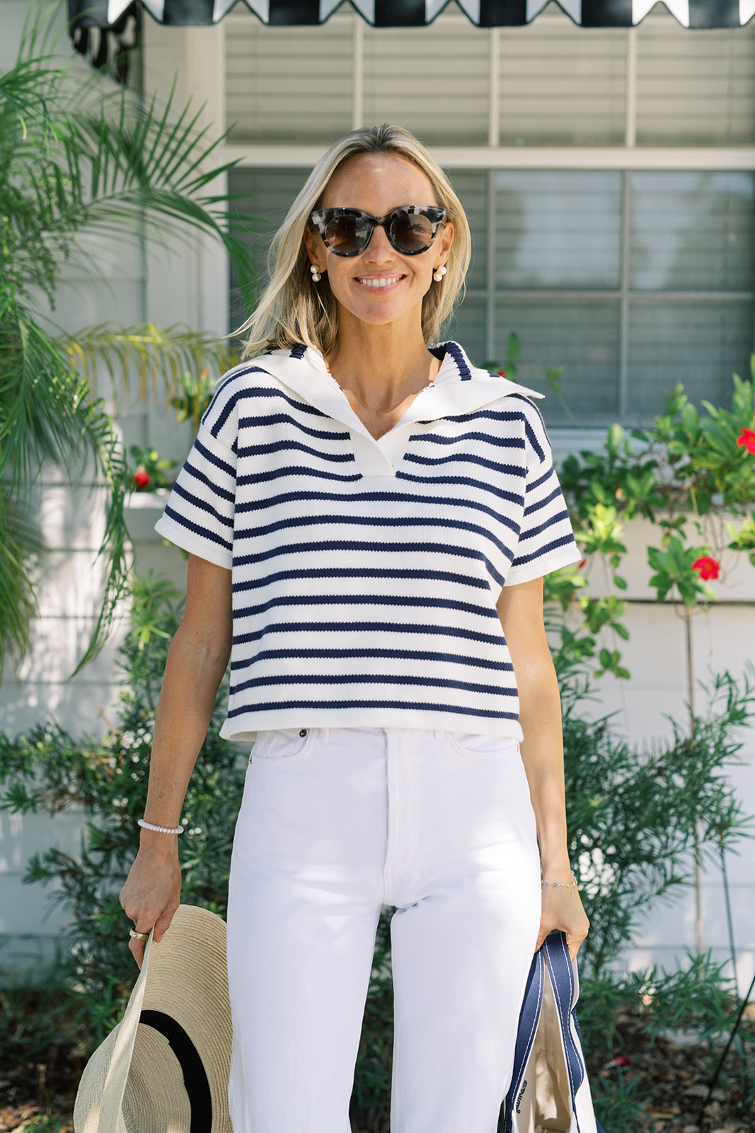 navy stripes with white pants woman