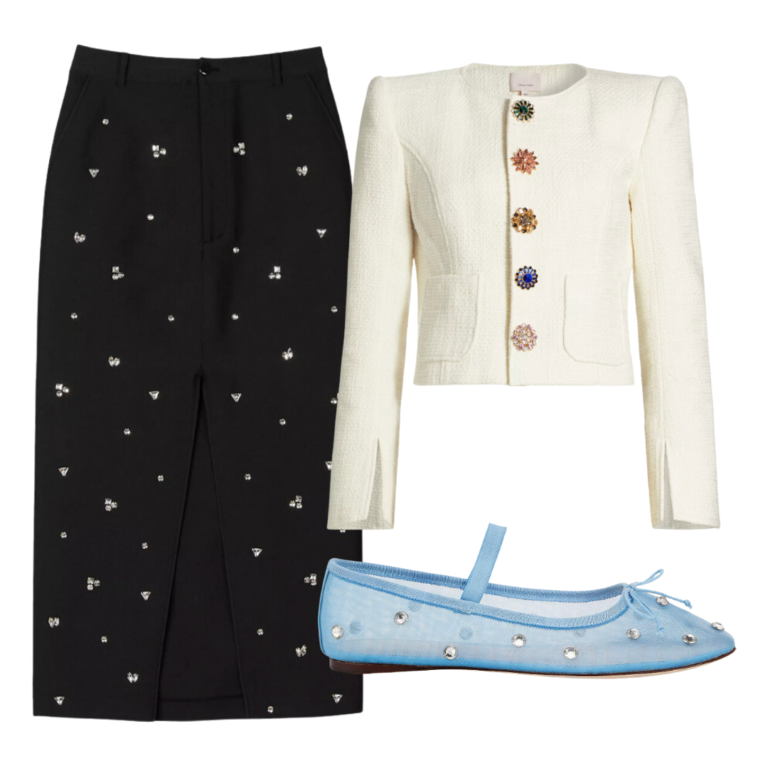 embellished skirt, embellished sweater, embellished flats