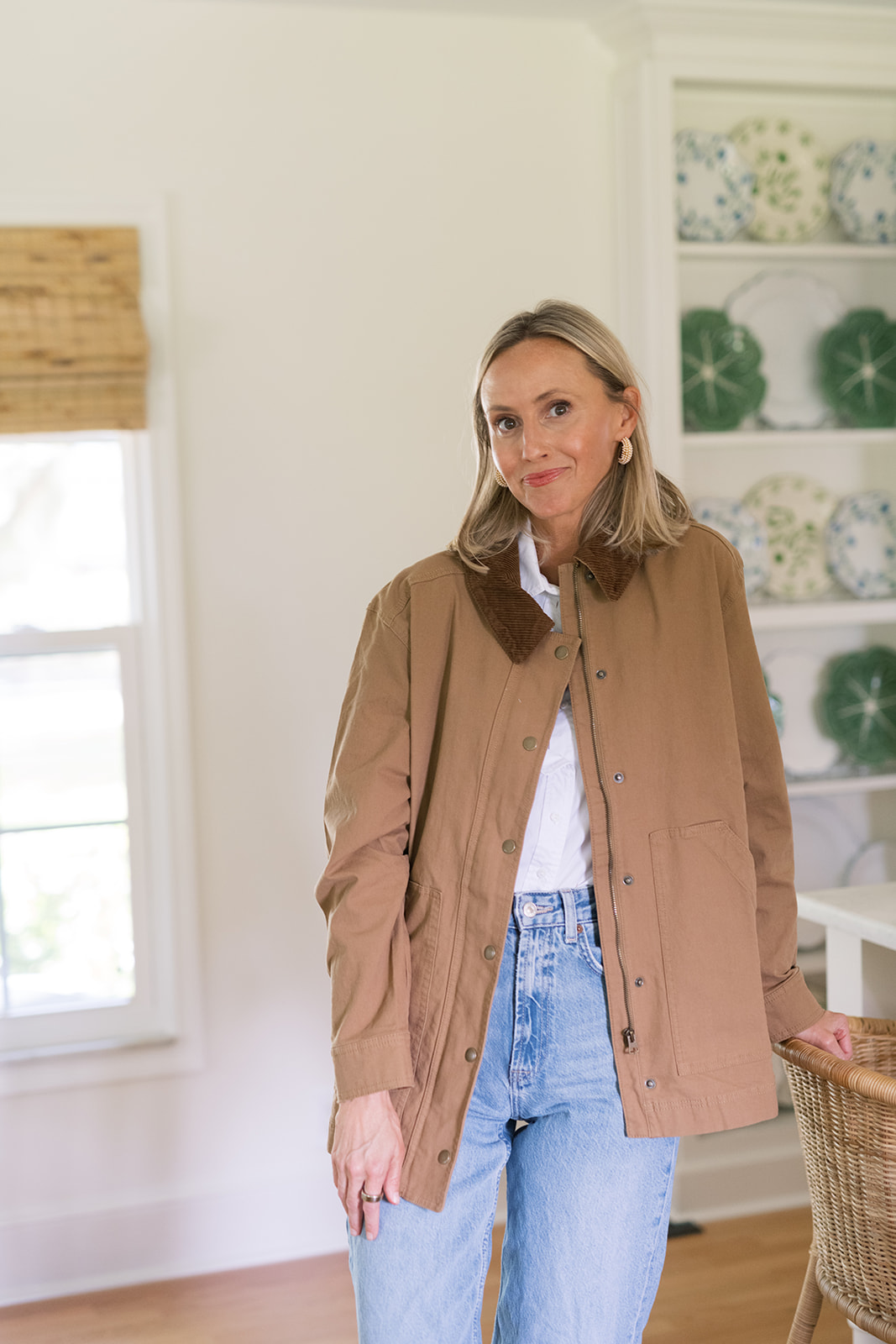 old navy barn jacket women in kitchen